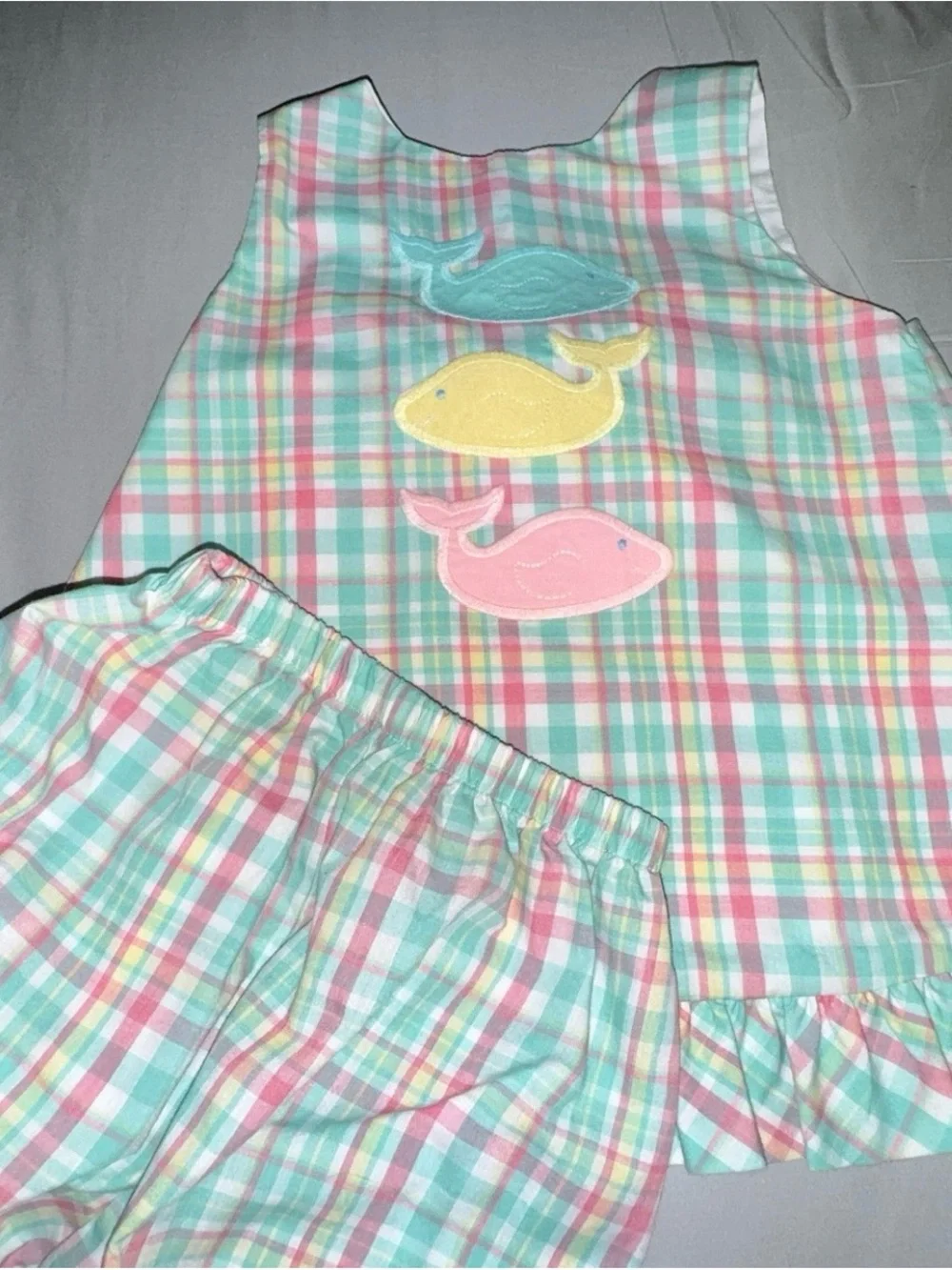 Pastel Plaid Girls' Set with Whale Appliqués - Multi
